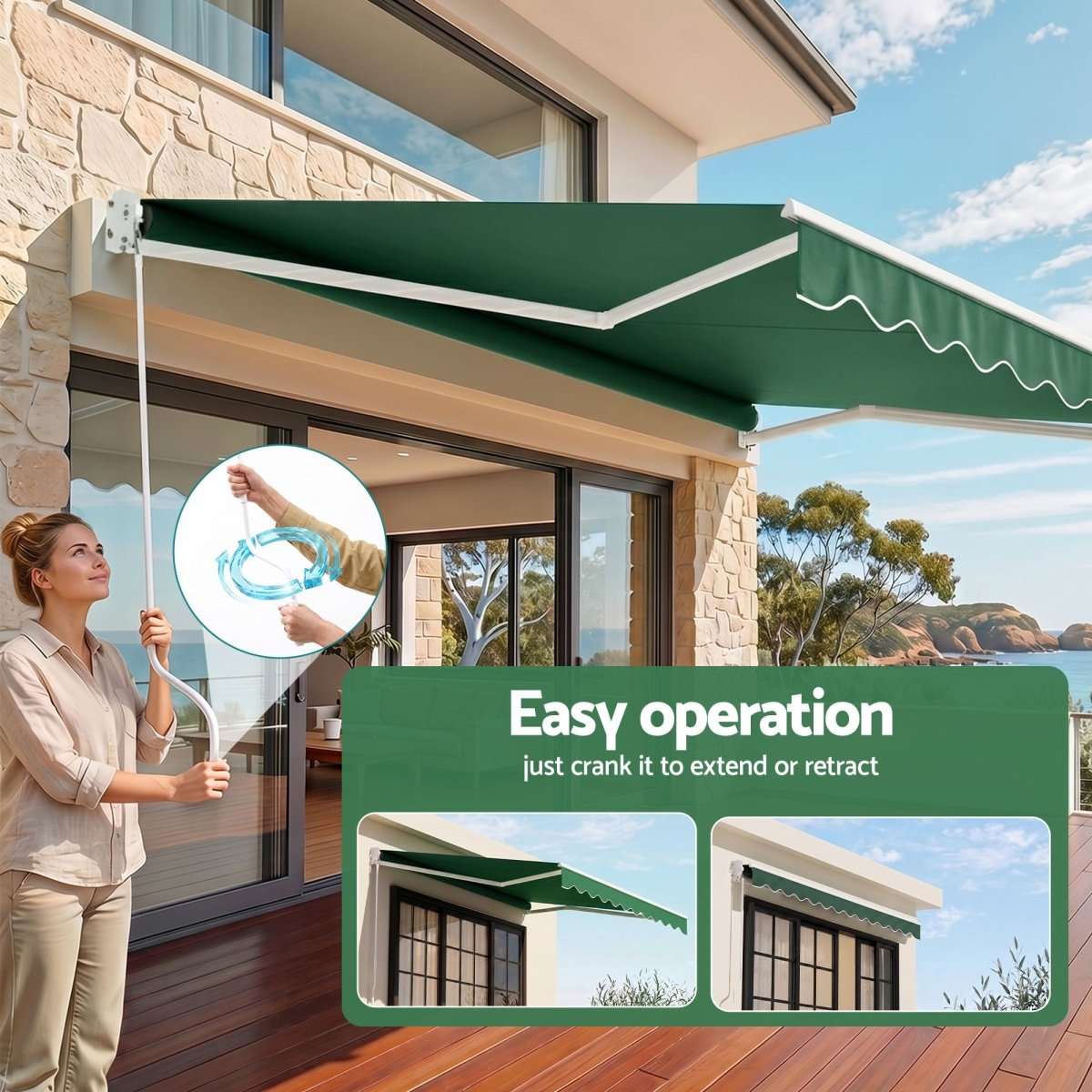 Instahut Retractable Folding Arm Awning Manual Sunshade 5Mx3M Dark Green | Home & Garden > Shading > Awnings