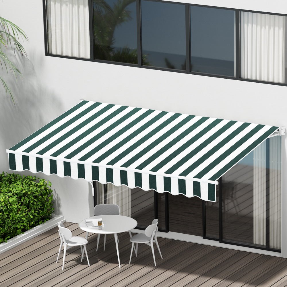 Instahut Retractable Folding Arm Awning Motorised Sunshade 3Mx2.5M Green White | Outdoorium