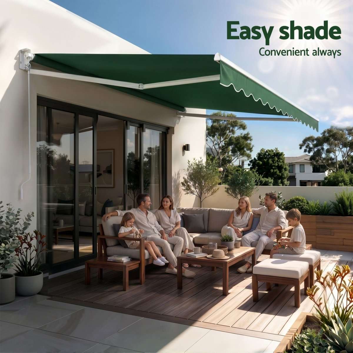 Instahut Retractable Folding Arm Awning Motorised Sunshade 5Mx3M Dark Green | Home & Garden > Shading > Awnings