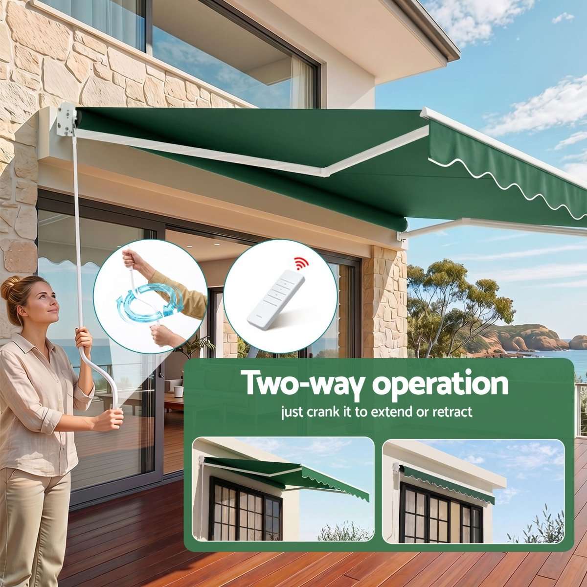 Instahut Retractable Folding Arm Awning Motorised Sunshade 5Mx3M Dark Green | Home & Garden > Shading > Awnings