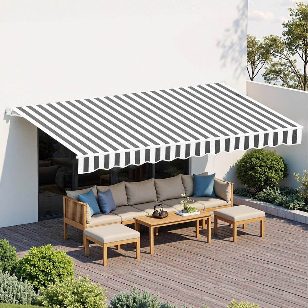 Instahut Retractable Folding Arm Awning Motorised Sunshade 5Mx3M Grey White | Outdoorium