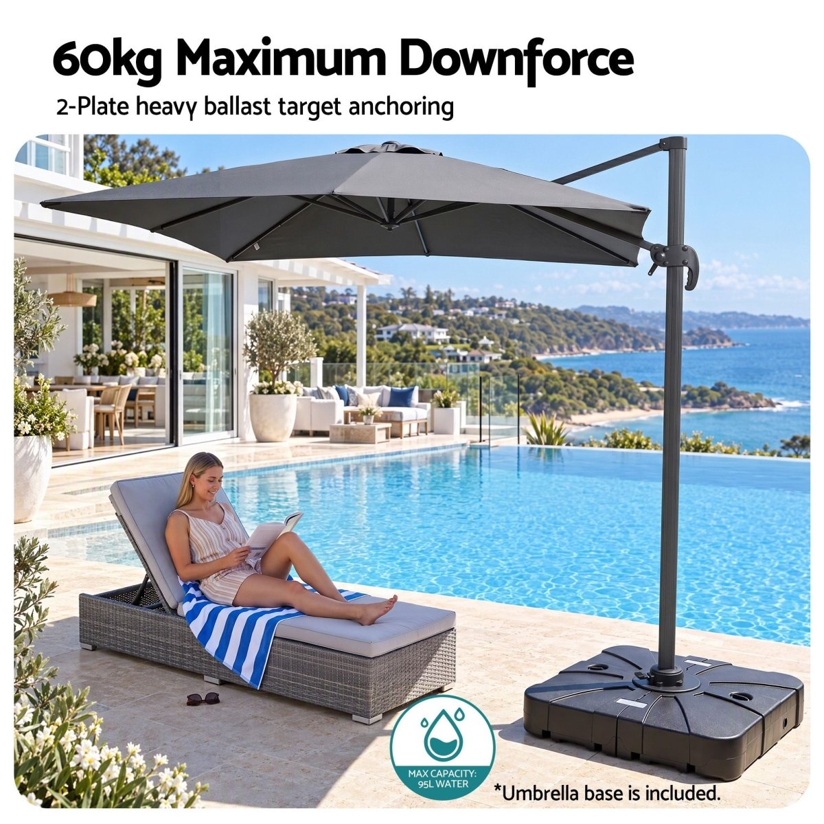 Instahut Roma 3m Cantilever Umbrella with Base - Charcoal – product gallery image 8