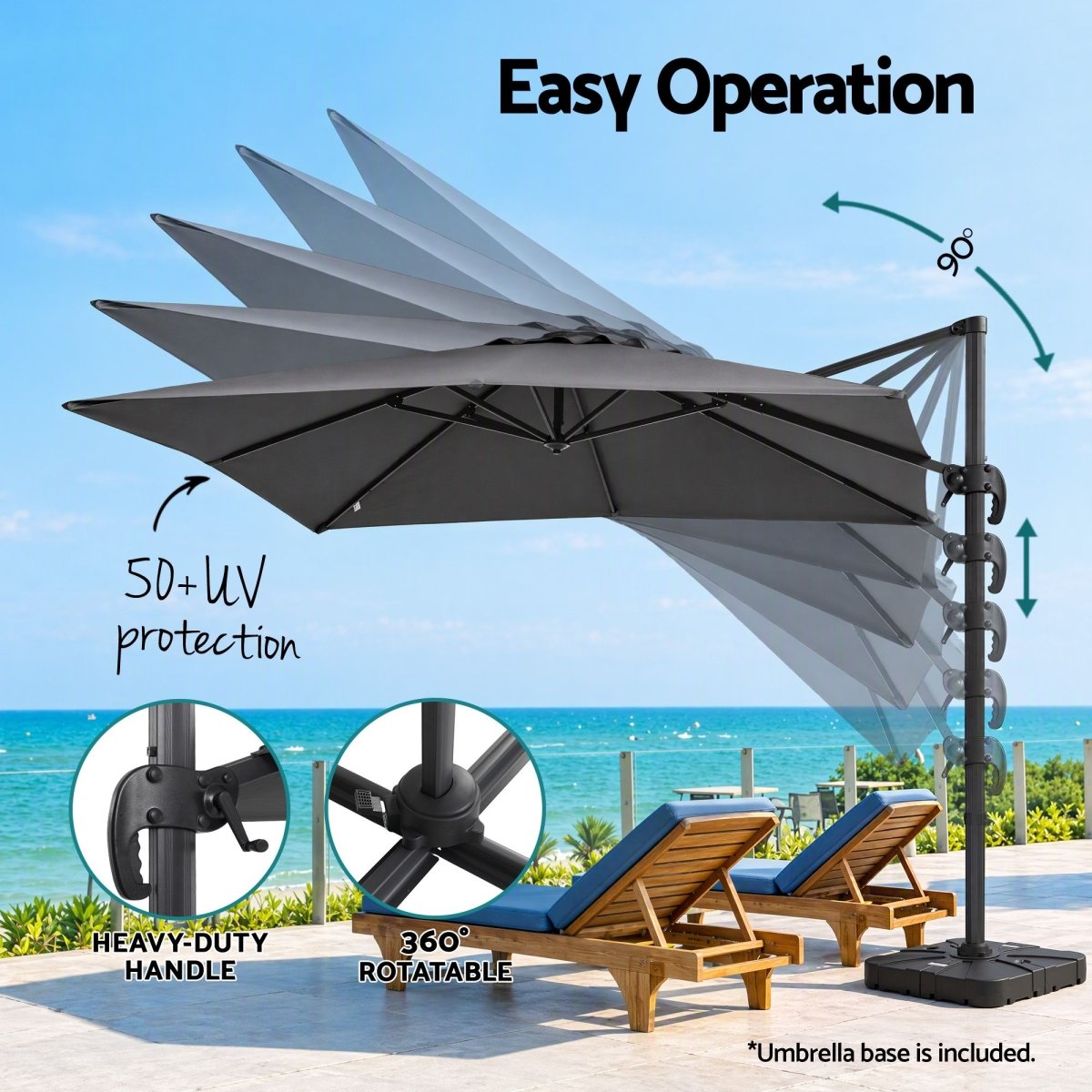 Instahut Roma 3m Cantilever Umbrella with Base - Charcoal – product gallery image 5