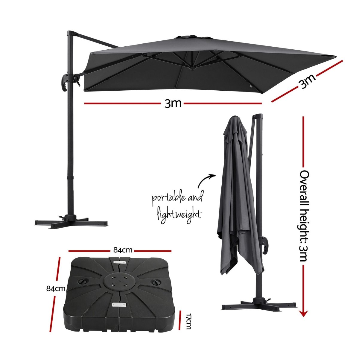 Instahut Roma charcoal 3m cantilever umbrella and base - additional product image 3