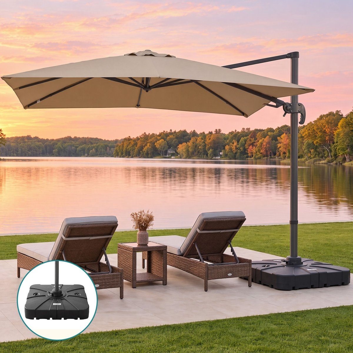 Instahut Roma 3m beige tilting cantilever umbrella with 60kg fillable wheeled base