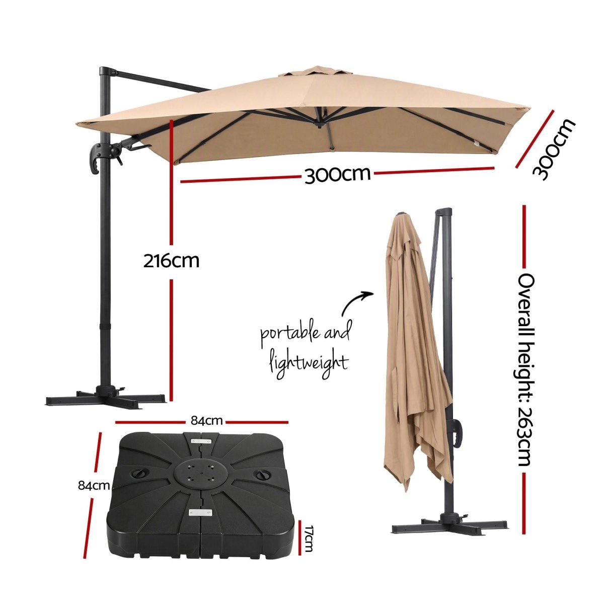 Instahut Roma 3m beige cantilever umbrella and base – gallery image 3