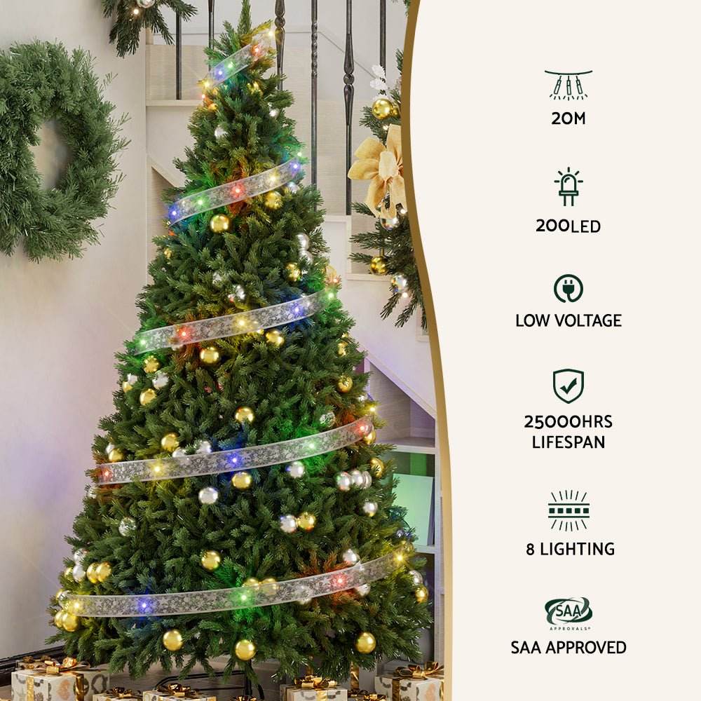 20M Christmas Lights Ribbon Fairy Light 200 LED Colored Jingle Jollys - Outdoorium