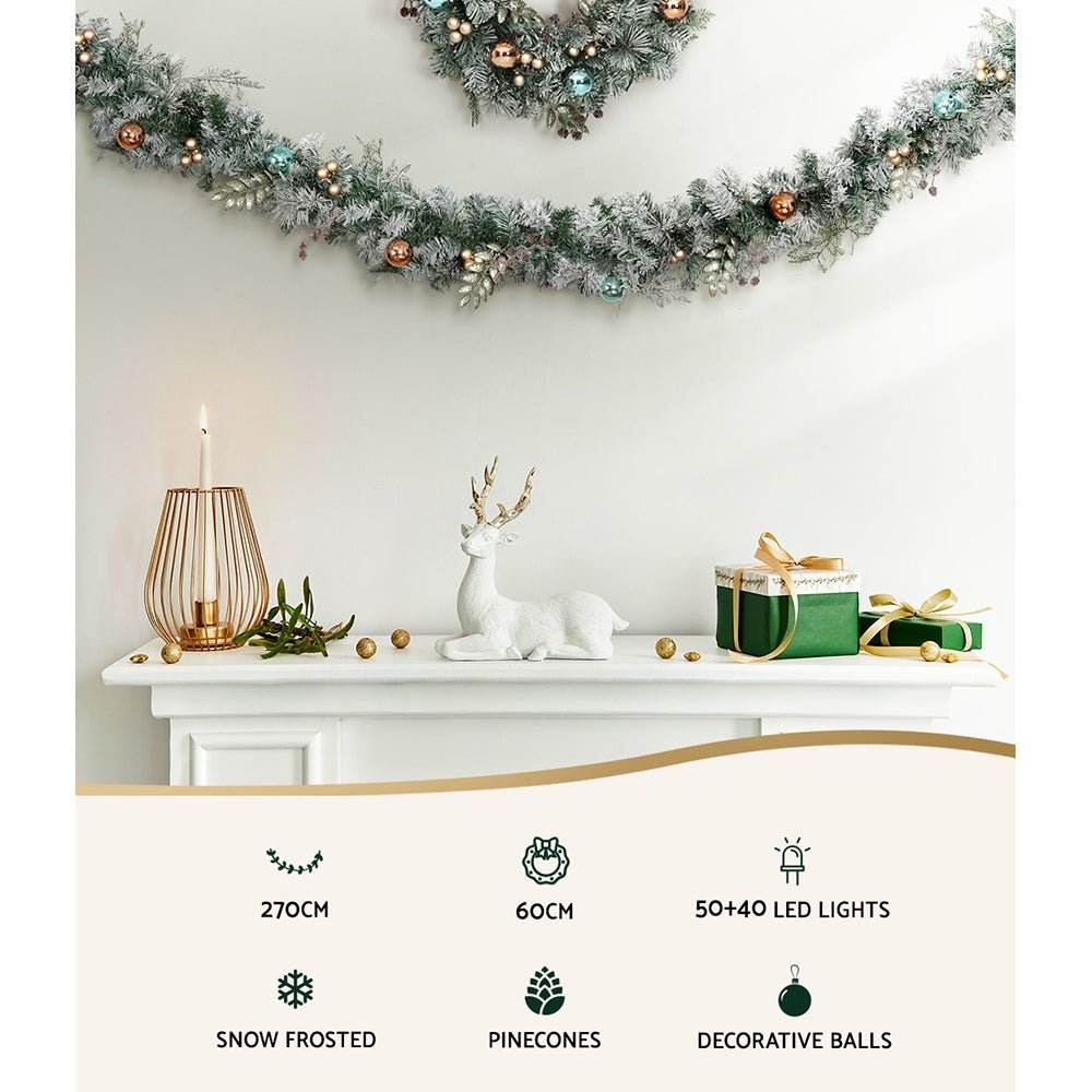 Jingle Jollys 2.7m Christmas Garland with Wreath Set LED Lights Snowy Xmas Decor - Outdoorium
