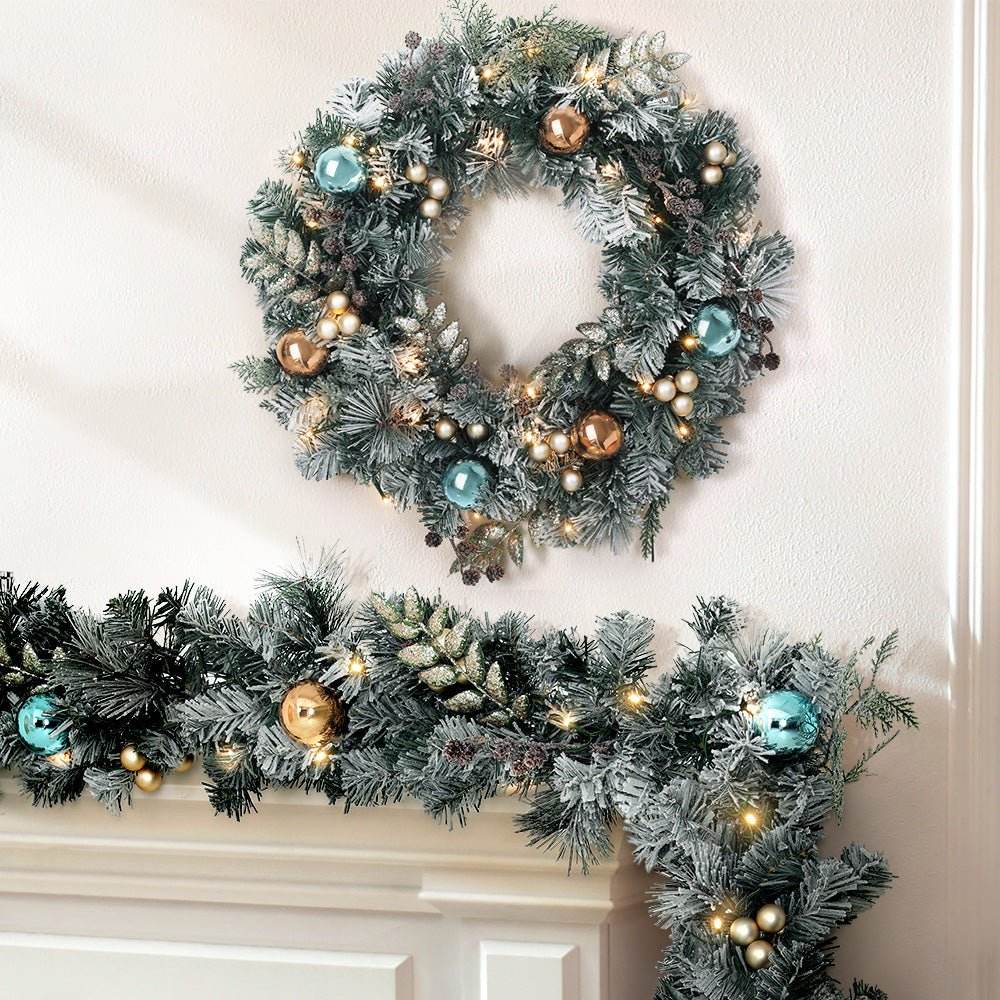 Jingle Jollys 2.7m Christmas Garland with Wreath Set LED Lights Snowy Xmas Decor - Outdoorium