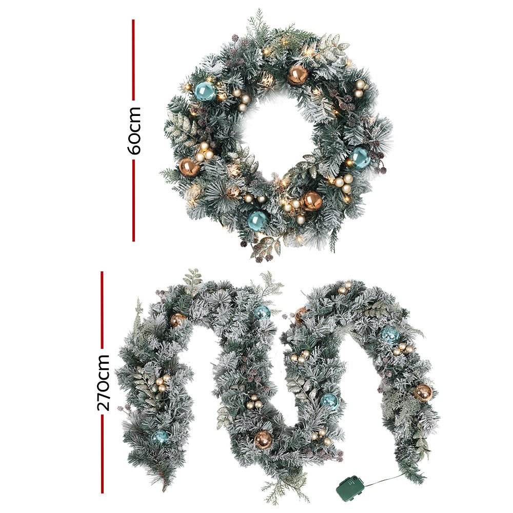 Jingle Jollys 2.7m Christmas Garland with Wreath Set LED Lights Snowy Xmas Decor - Outdoorium