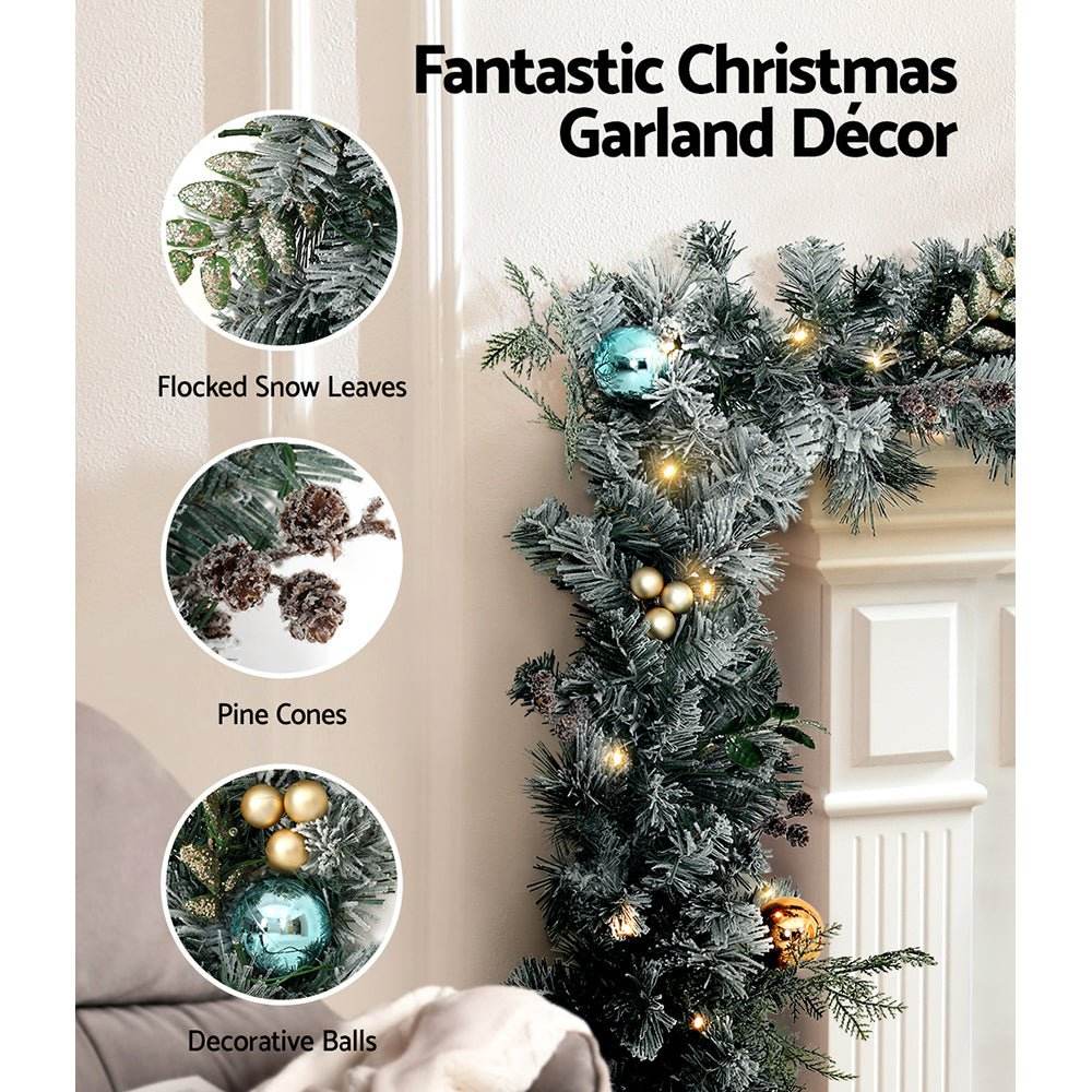Jingle Jollys 2.7m Christmas Garland with Wreath Set LED Lights Snowy Xmas Decor - Outdoorium