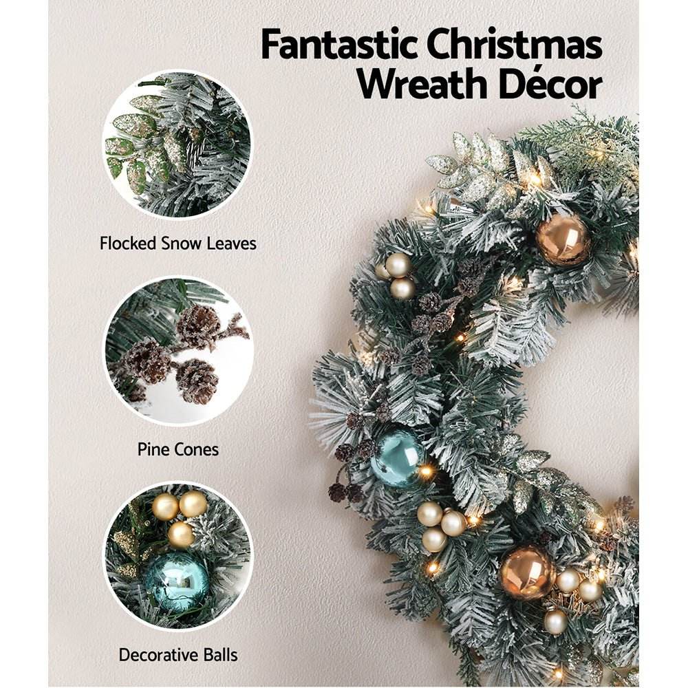 Jingle Jollys 2.7m Christmas Garland with Wreath Set LED Lights Snowy Xmas Decor - Outdoorium