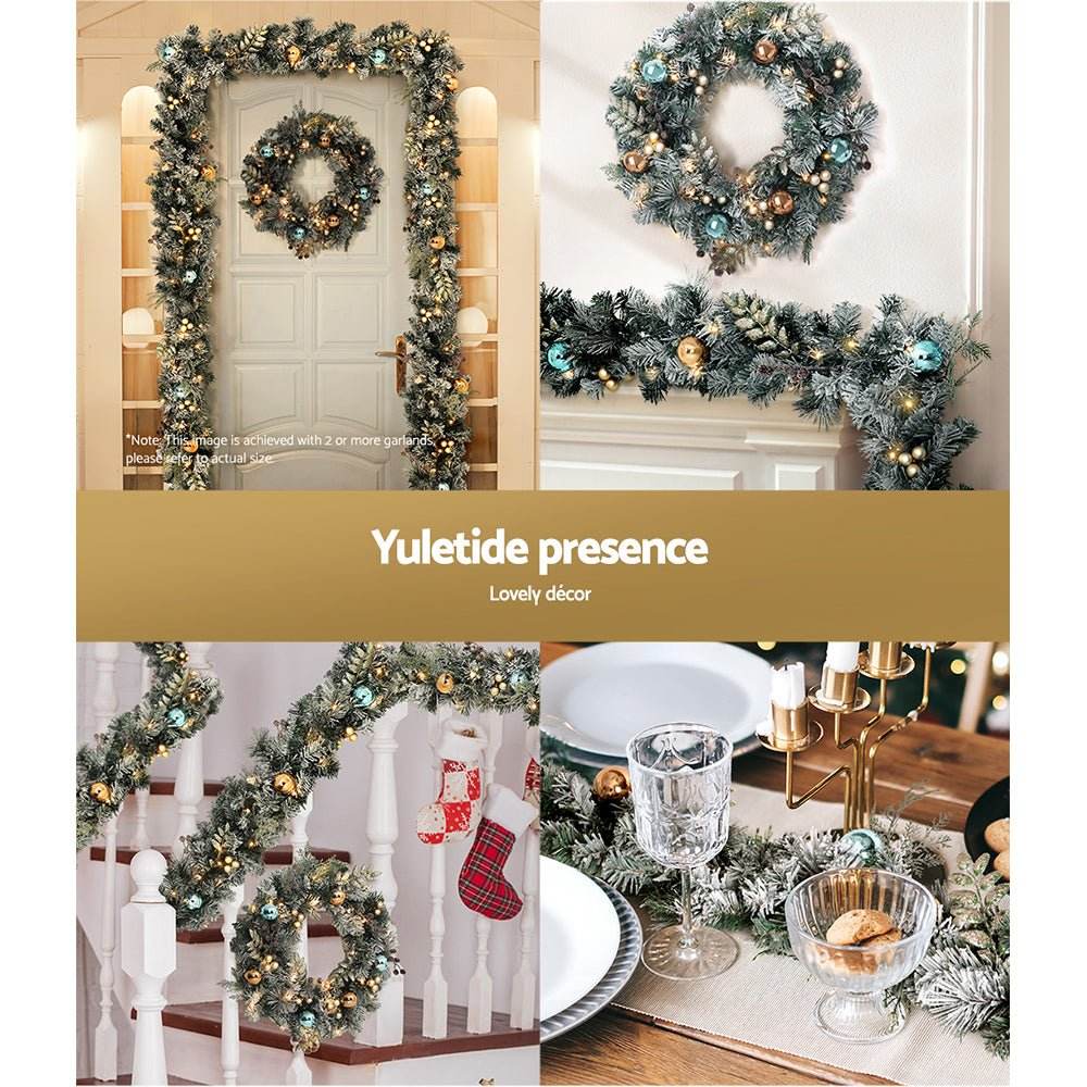 Jingle Jollys 2.7m Christmas Garland with Wreath Set LED Lights Snowy Xmas Decor - Outdoorium