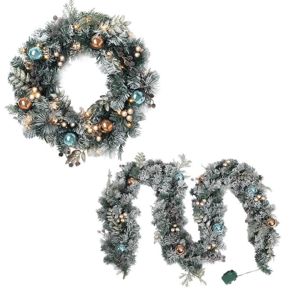 Jingle Jollys 2.7m Christmas Garland with Wreath Set LED Lights Snowy Xmas Decor - Outdoorium