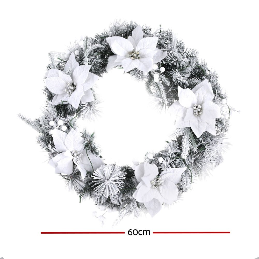 Jingle Jollys 60cm Christmas Wreath LED Lights Snowy Flowers Garland Party Decor - Outdoorium