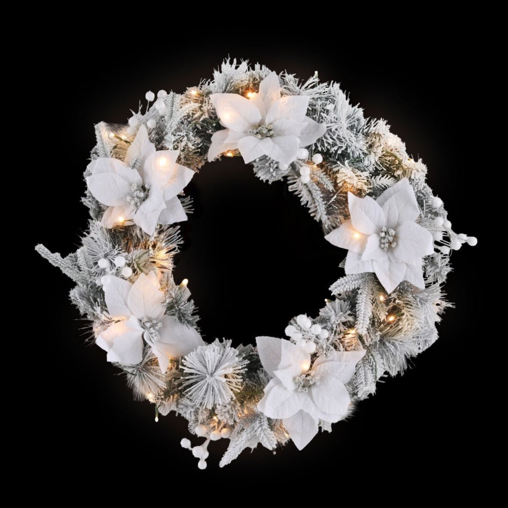 Jingle Jollys 60cm Christmas Wreath LED Lights Snowy Flowers Garland Party Decor - Outdoorium