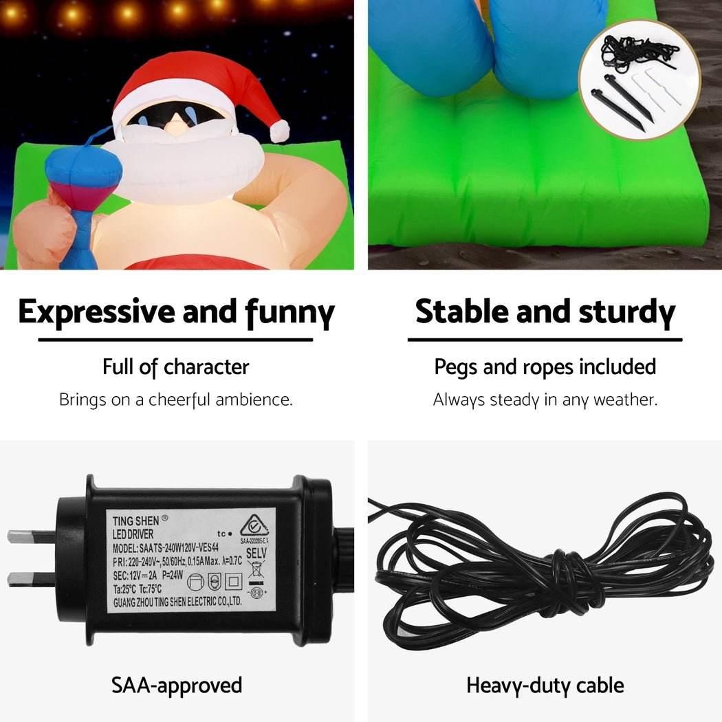 Jingle Jollys Christmas Inflatable Santa Bench 1.8M LED Illuminated Decorations | Outdoorium
