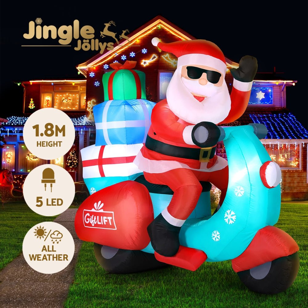 Jingle Jollys Christmas Inflatable Santa Motorbike LED Illuminated Decorations - Outdoorium