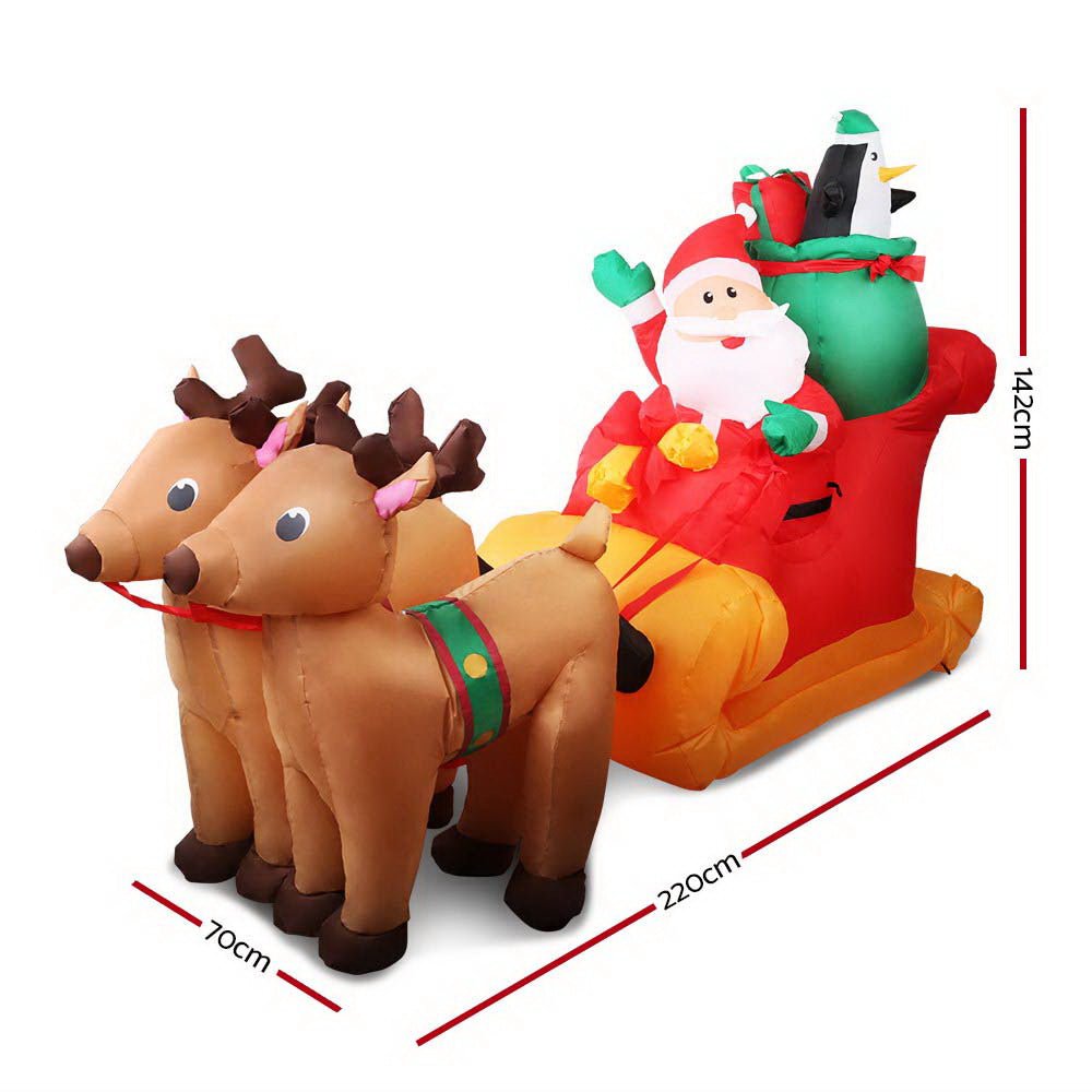 Jingle Jollys Christmas Inflatable Santa Sleigh 2.2M Illuminated Decorations - Outdoorium