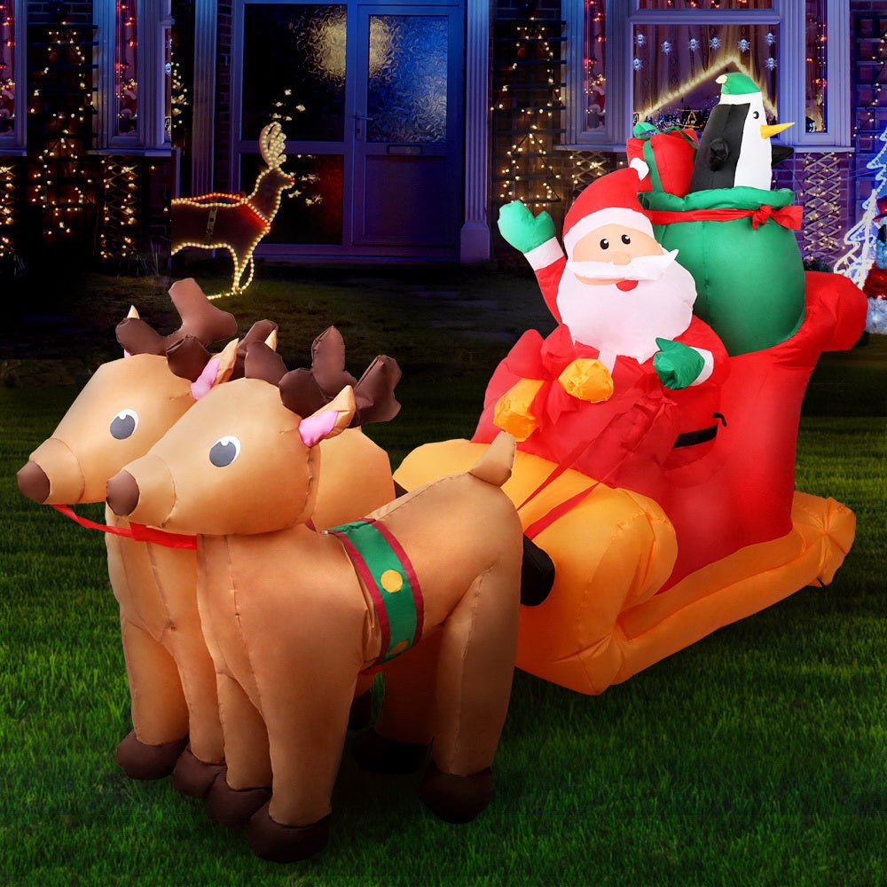 Jingle Jollys Christmas Inflatable Santa Sleigh 2.2M Illuminated Decorations - Outdoorium