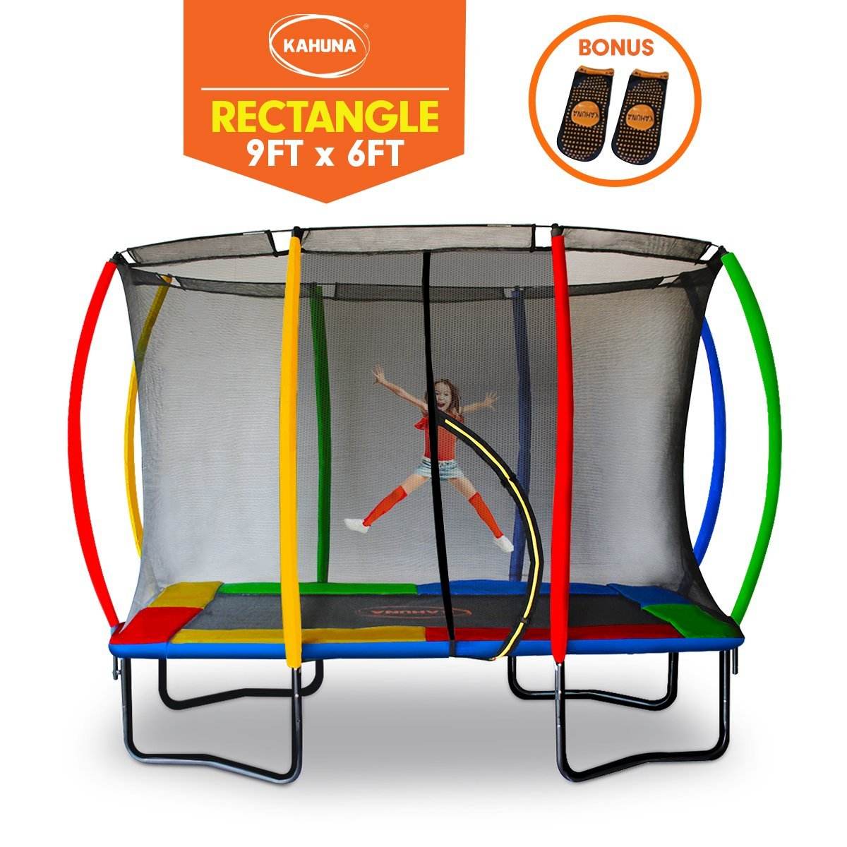 Kahuna 6ft x 9ft Outdoor Rectangular Rainbow Trampoline With Safety Enclosure | Outdoorium
