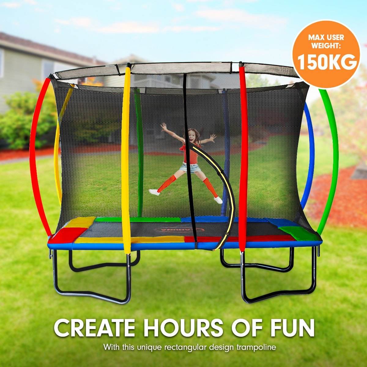 Kahuna 6ft x 9ft Outdoor Rectangular Rainbow Trampoline With Safety Enclosure | Outdoorium