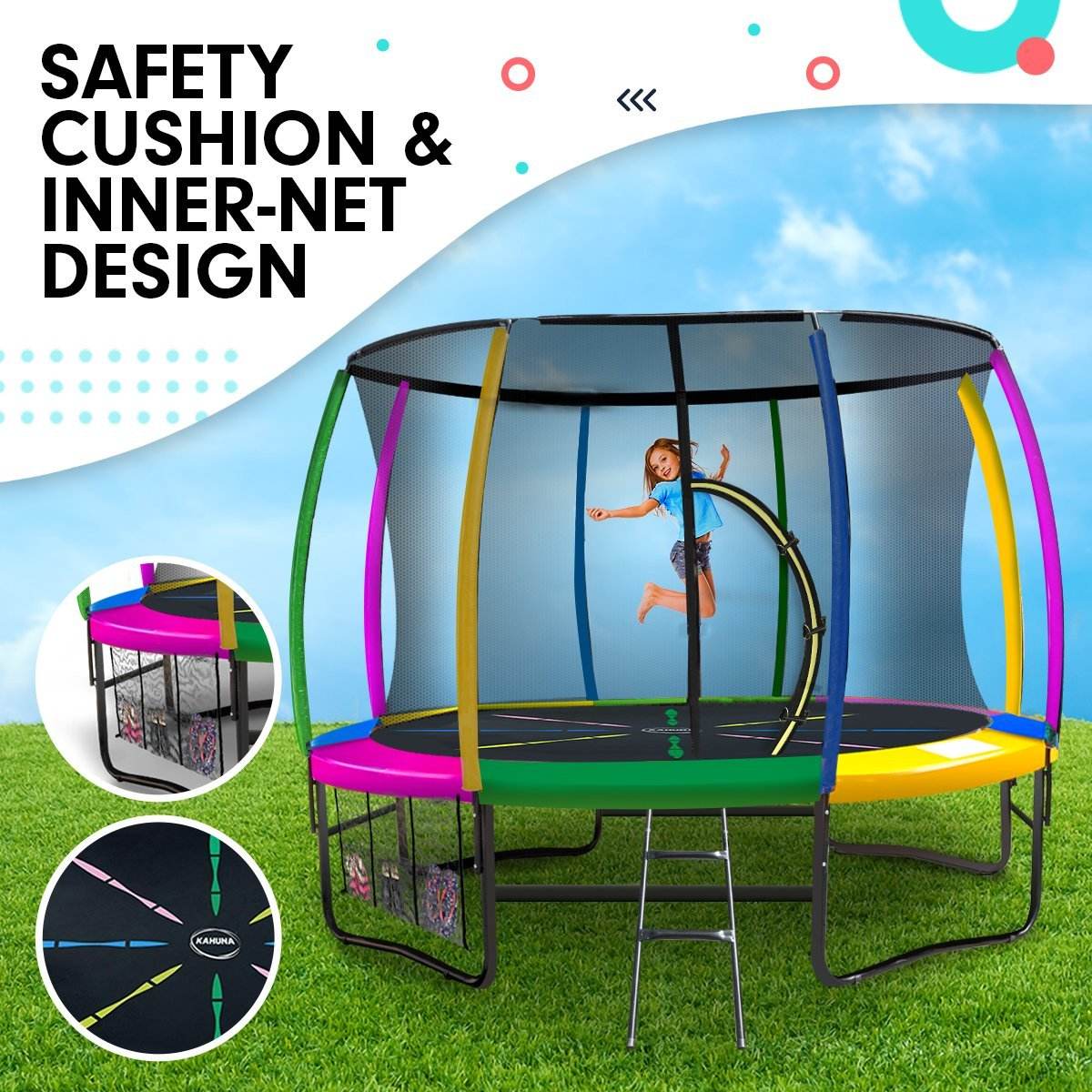 Kahuna 8ft Outdoor Rainbow Trampoline For Kids And Children Suited For Fitness Exercise Gymnastics With Safety Enclosure - Outdoorium