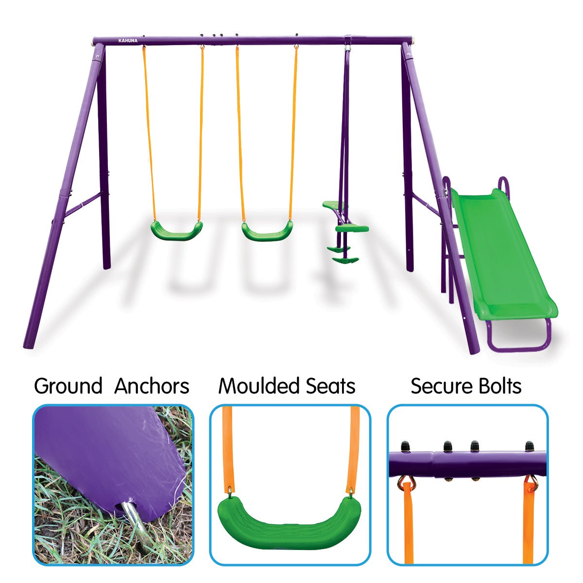 Kahuna Kids 4 - Seater Swing Set with Slide Purple Green - Outdoorium