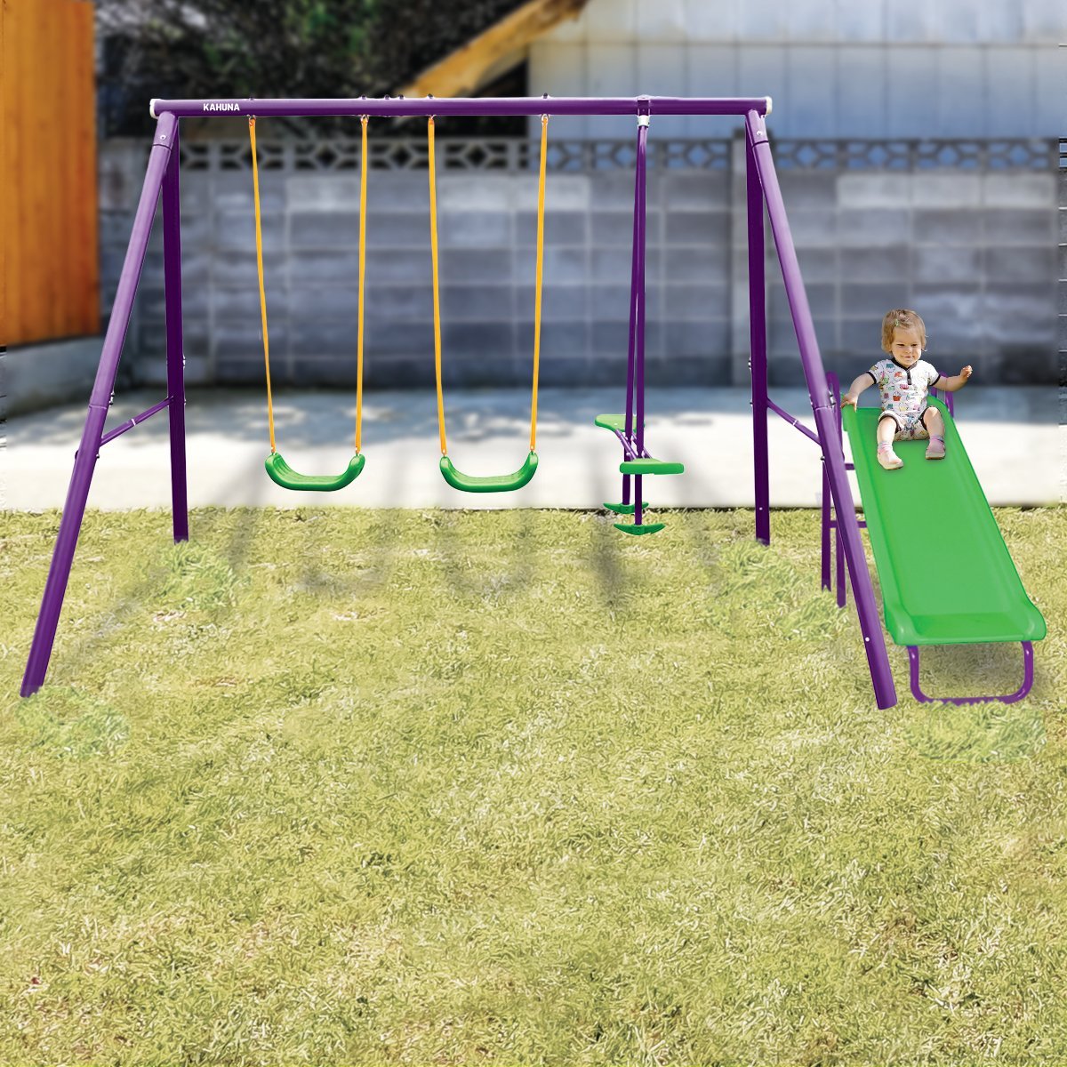 Kahuna Kids 4 - Seater Swing Set with Slide Purple Green - Outdoorium