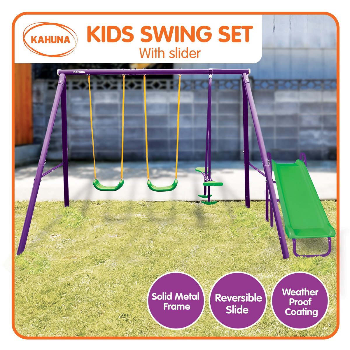 Kahuna Kids 4 - Seater Swing Set with Slide Purple Green - Outdoorium