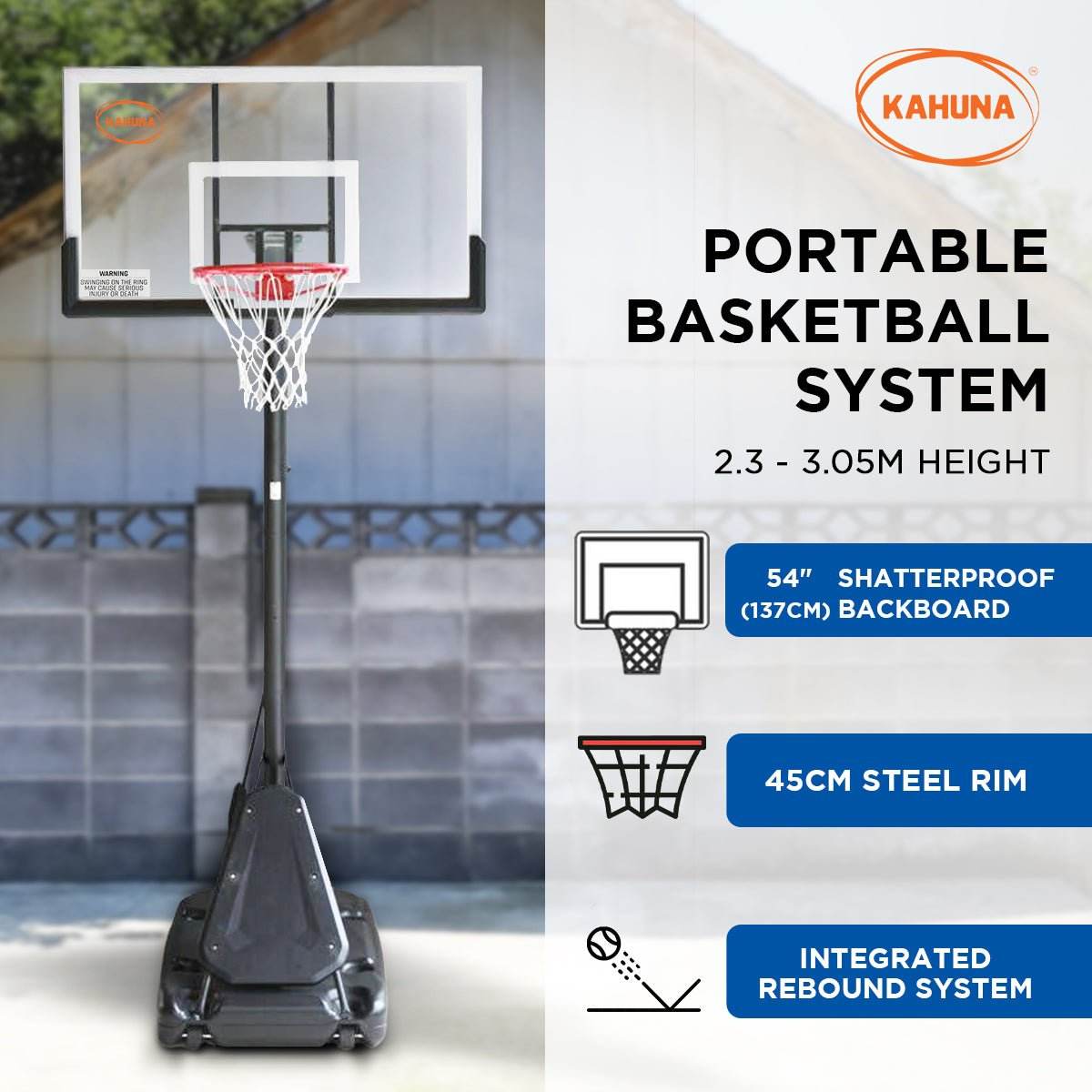 Kahuna Portable Basketball Hoop System 2.3 to 3.05m for Kids & Adults | Outdoorium