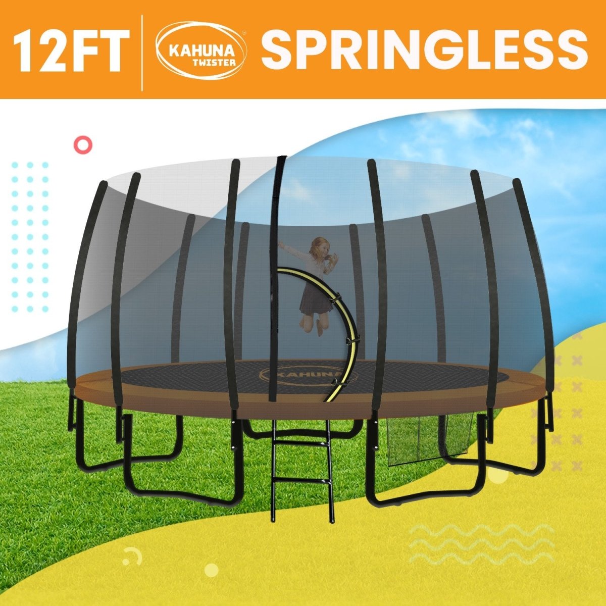 Kahuna Twister 12ft Springless Trampoline Outdoor Mat Pad Net Ladder - Outdoorium