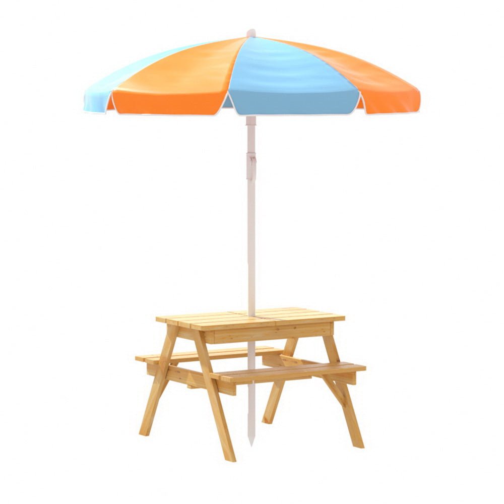 Keezi Kids Outdoor Table and Chairs Picnic Bench Umbrella Set Water Sand Pit Box - Outdoorium