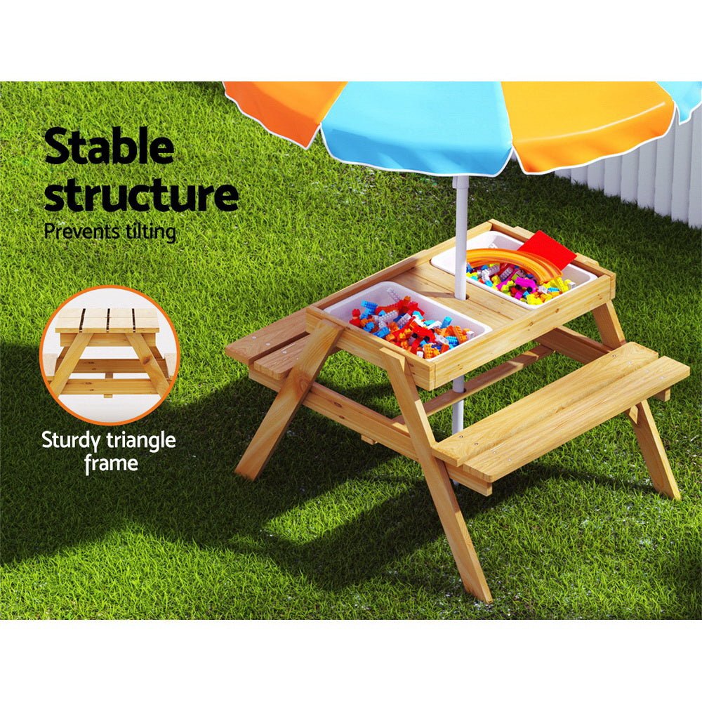 Keezi Kids Outdoor Table and Chairs Picnic Bench Umbrella Set Water Sand Pit Box - Outdoorium