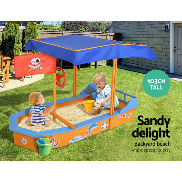 Keezi Kids Sandpit Wooden Boat Sand Pit with Canopy Bench Seat Beach ...