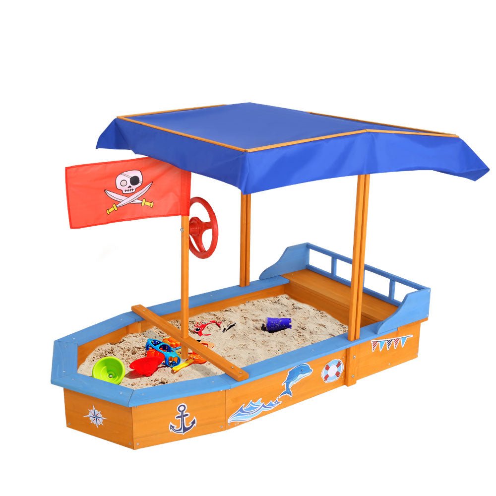 Keezi Kids Sandpit Wooden Boat Sand Pit with Canopy Bench Seat Beach Toys 150cm - Outdoorium