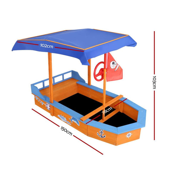 Keezi Kids Sandpit Wooden Boat Sand Pit with Canopy Bench Seat Beach ...