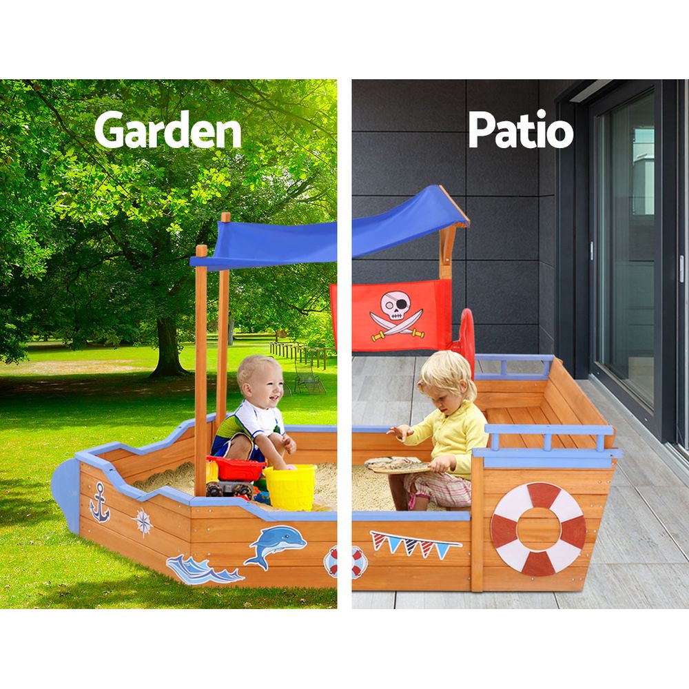 Keezi Kids Sandpit Wooden Boat Sand Pit with Canopy Bench Seat Beach Toys 165cm - Outdoorium