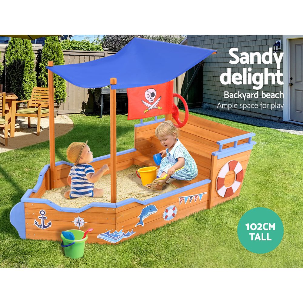 Keezi Kids Sandpit Wooden Boat Sand Pit with Canopy Bench Seat Beach Toys 165cm - Outdoorium