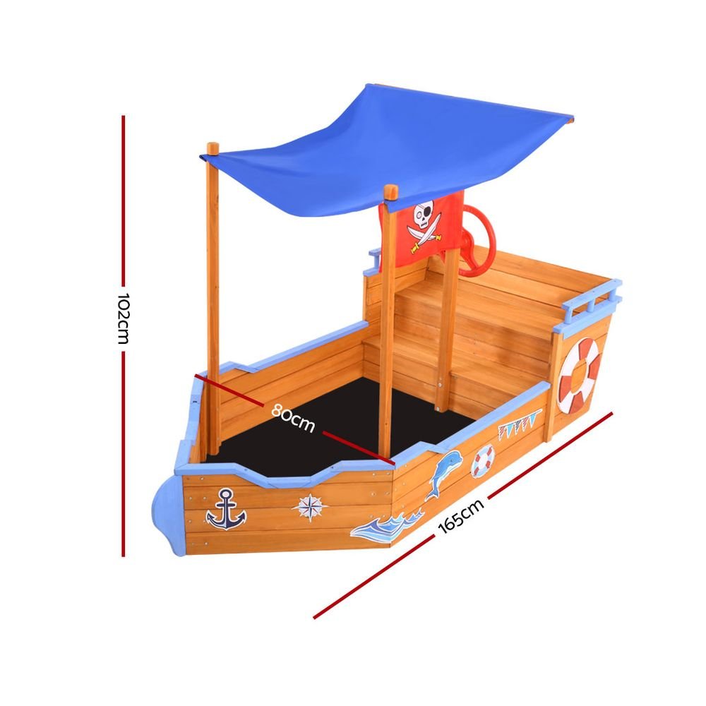 Keezi Kids Sandpit Wooden Boat Sand Pit with Canopy Bench Seat Beach Toys 165cm - Outdoorium