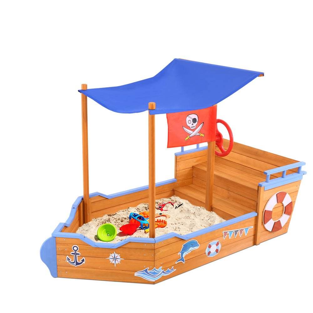 Keezi Kids Sandpit Wooden Boat Sand Pit with Canopy Bench Seat Beach Toys 165cm - Outdoorium