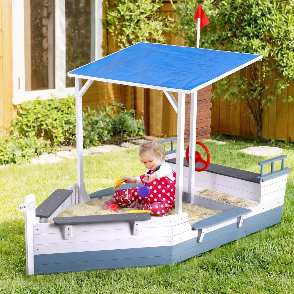 Keezi Kids Sandpit Wooden Box Boat Canopy Flag Outdoor Toys Children Blue - Outdoorium