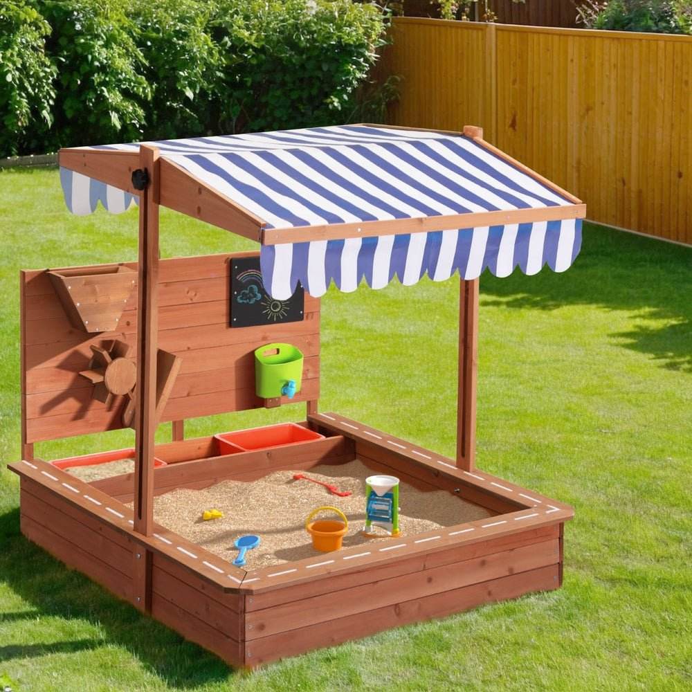 Keezi Kids Sandpit Wooden Canopy Sandbox With Cover Funnel Outdoor Toys 110cm - Outdoorium