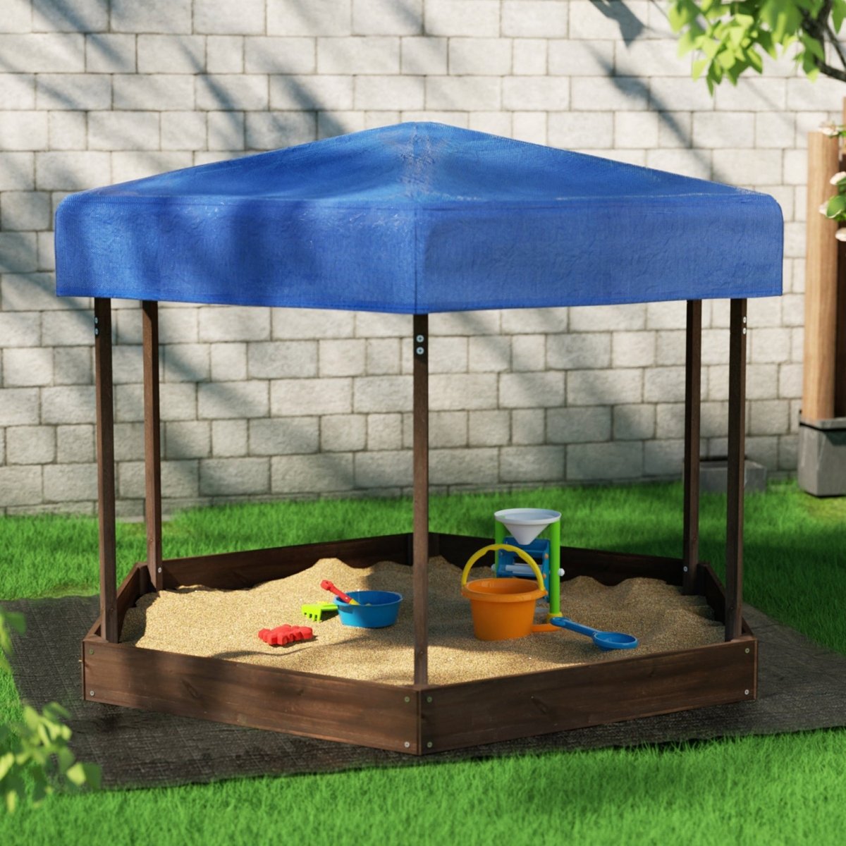 Keezi Kids Sandpit Wooden Hexagon Sand Pit with Canopy Outdoor Beach Toys 182cm - Outdoorium