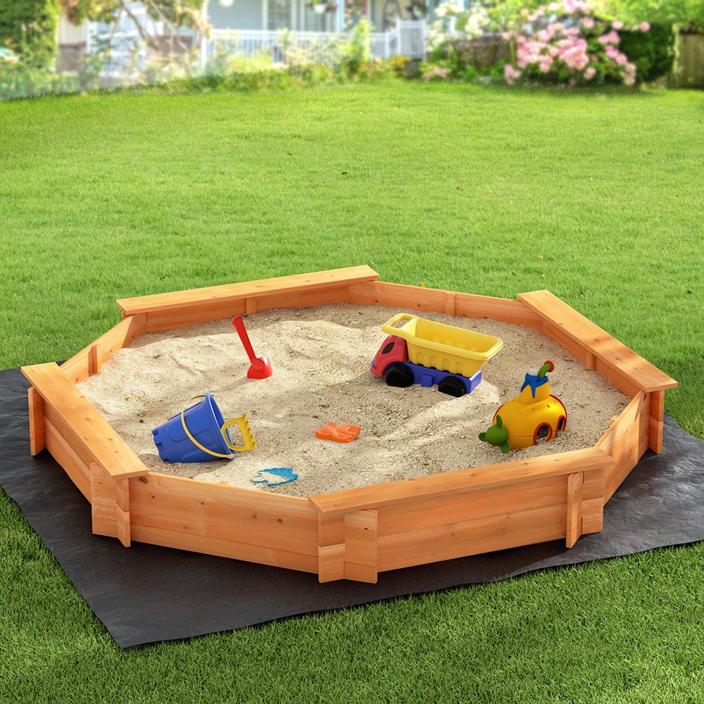 Keezi Kids Sandpit Wooden Round Sand Pit with Cover Bench Seat Beach Toys 182cm - Outdoorium