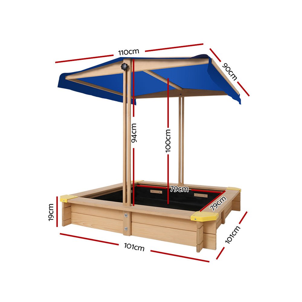 Keezi Kids Sandpit Wooden Sandbox Sand Pit with Canopy Bench Seat Toys 101cm - Outdoorium