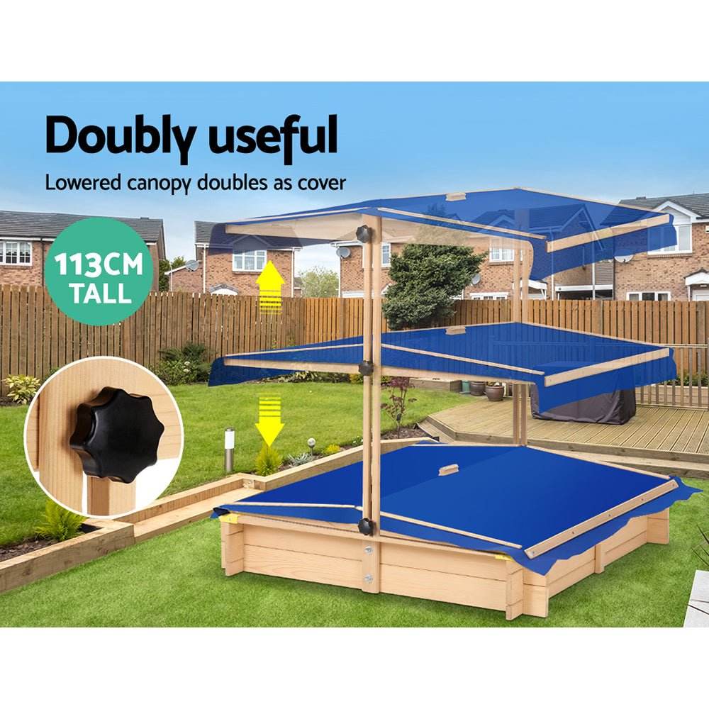 Keezi Kids Sandpit Wooden Sandbox Sand Pit with Canopy Bench Seat Toys 101cm | Outdoorium
