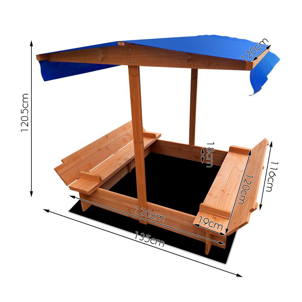 Keezi Kids Sandpit Wooden Sandbox Sand Pit with Canopy Foldable Seat Toys 120cm - Outdoorium