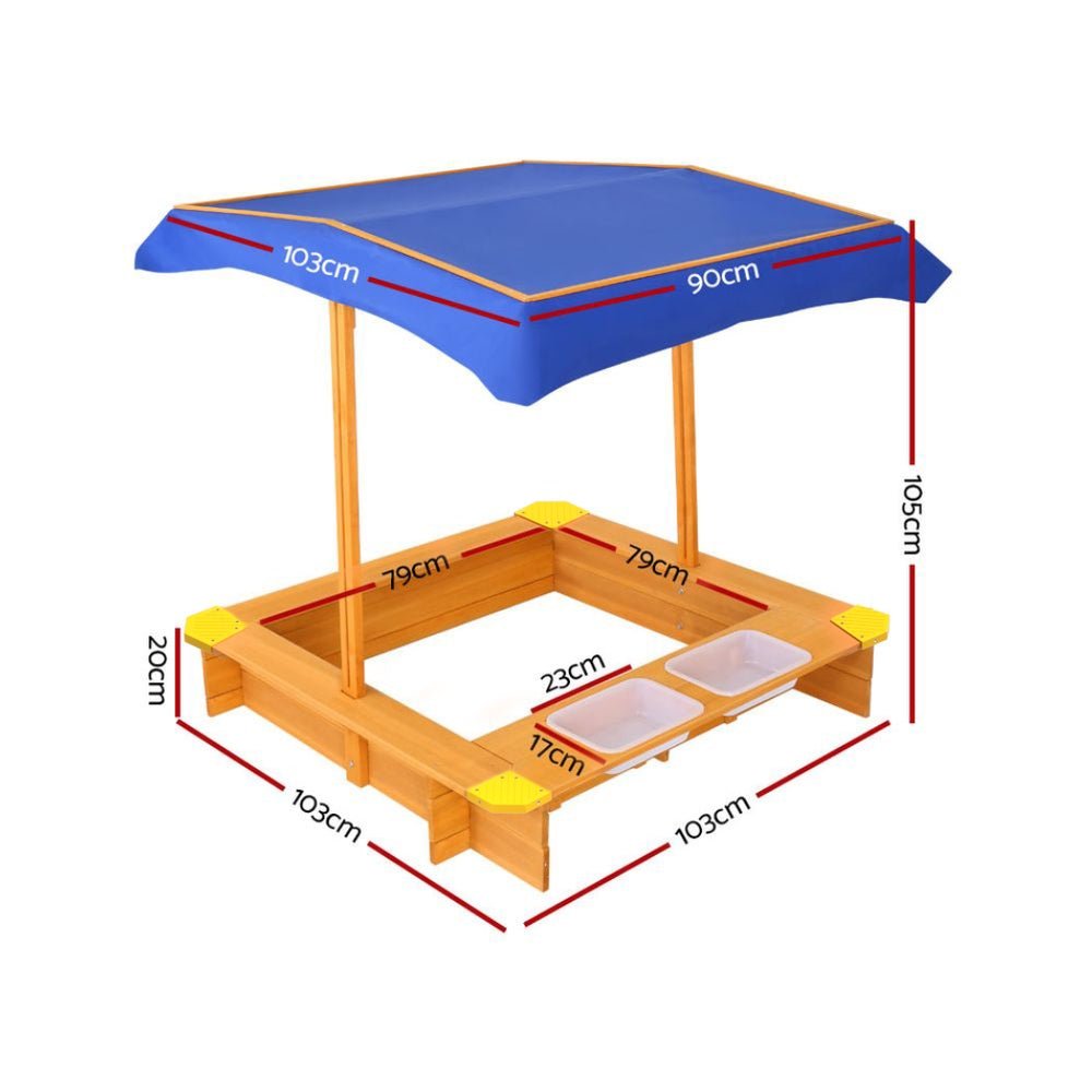 Keezi Kids Sandpit Wooden Sandbox Sand Pit with Canopy Water Basin Toys 103cm - Outdoorium