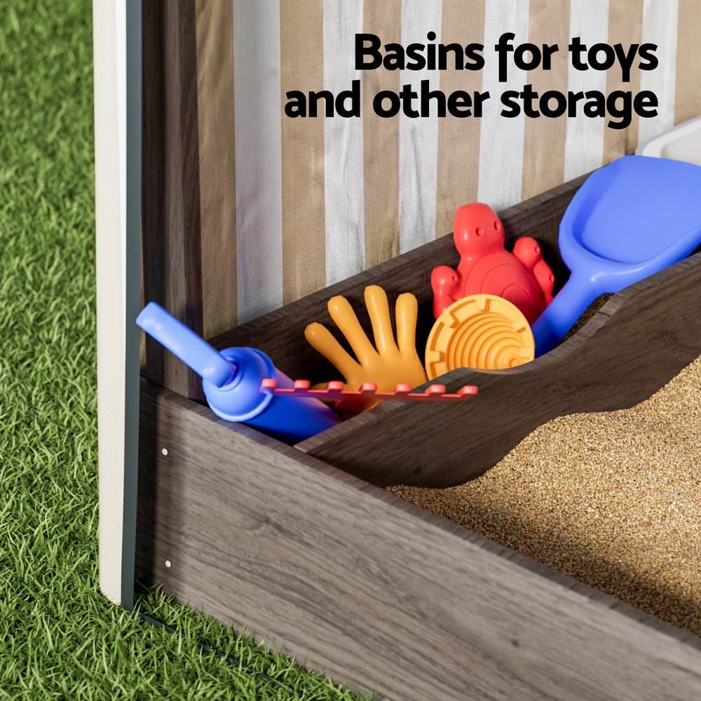 Keezi Kids Sandpit Wooden Sandbox Sand Pit with Canopy Window Water Basin 120cm - Outdoorium